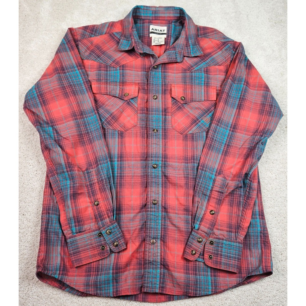 Ariat Retro Fit Mens L Plaid Pearl Snap Shirt Western Cowboy Rodeo Ranchcore